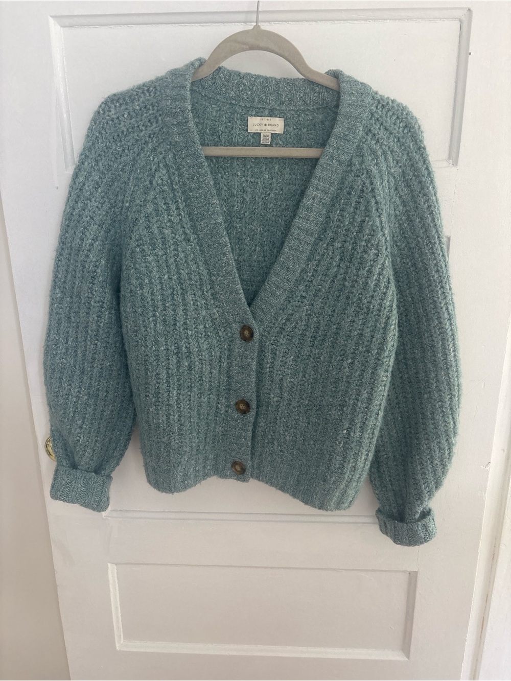 Lucky Brand Teal Ribbed V‑Neck Button Cardigan